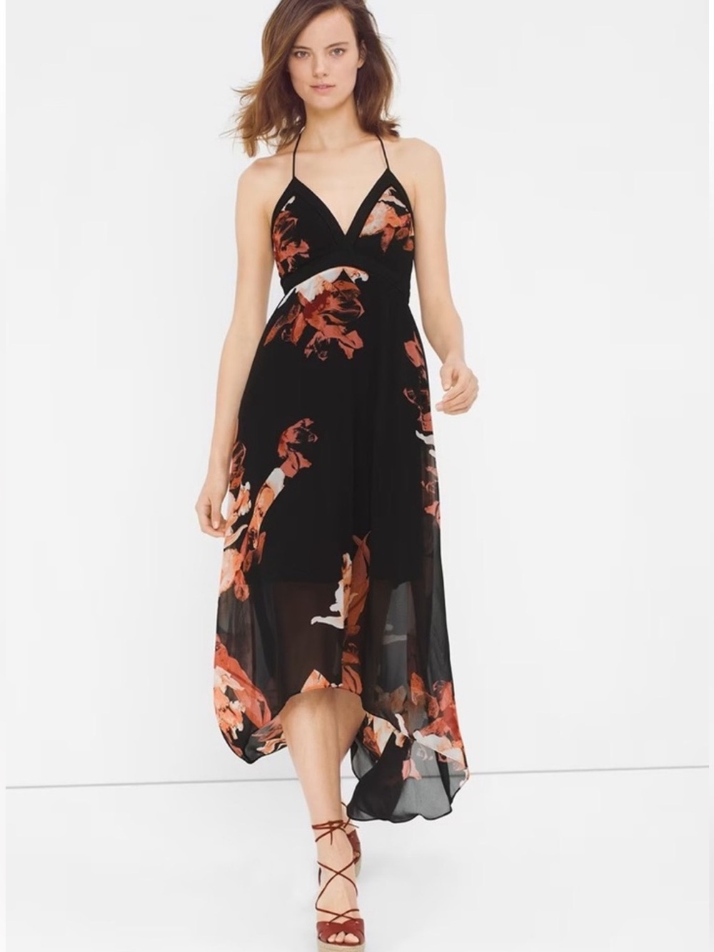 White House Black Market Black Floral Halter High-Low Dress
